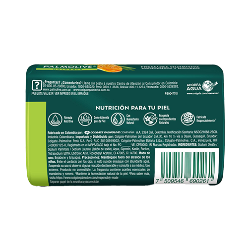 Instrucciones de uso y componentes Jabón Palmolive Naturals Mandarina y Romero